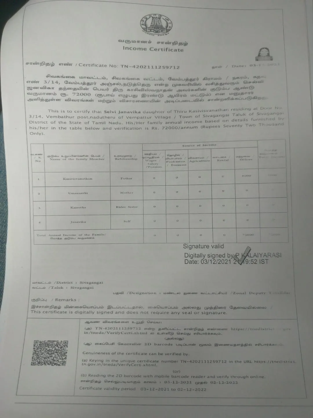 Income Certificate