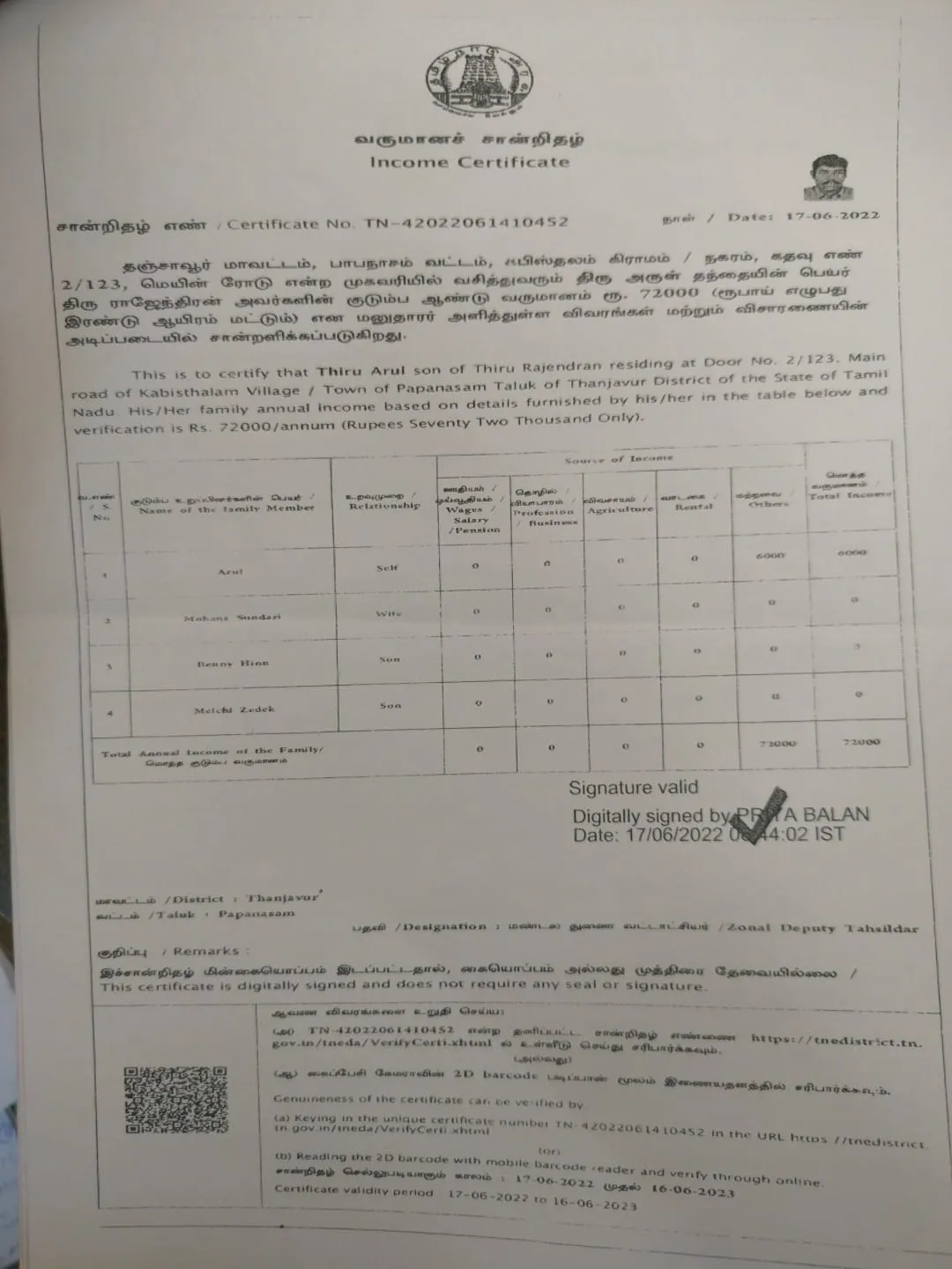 Income Certificate