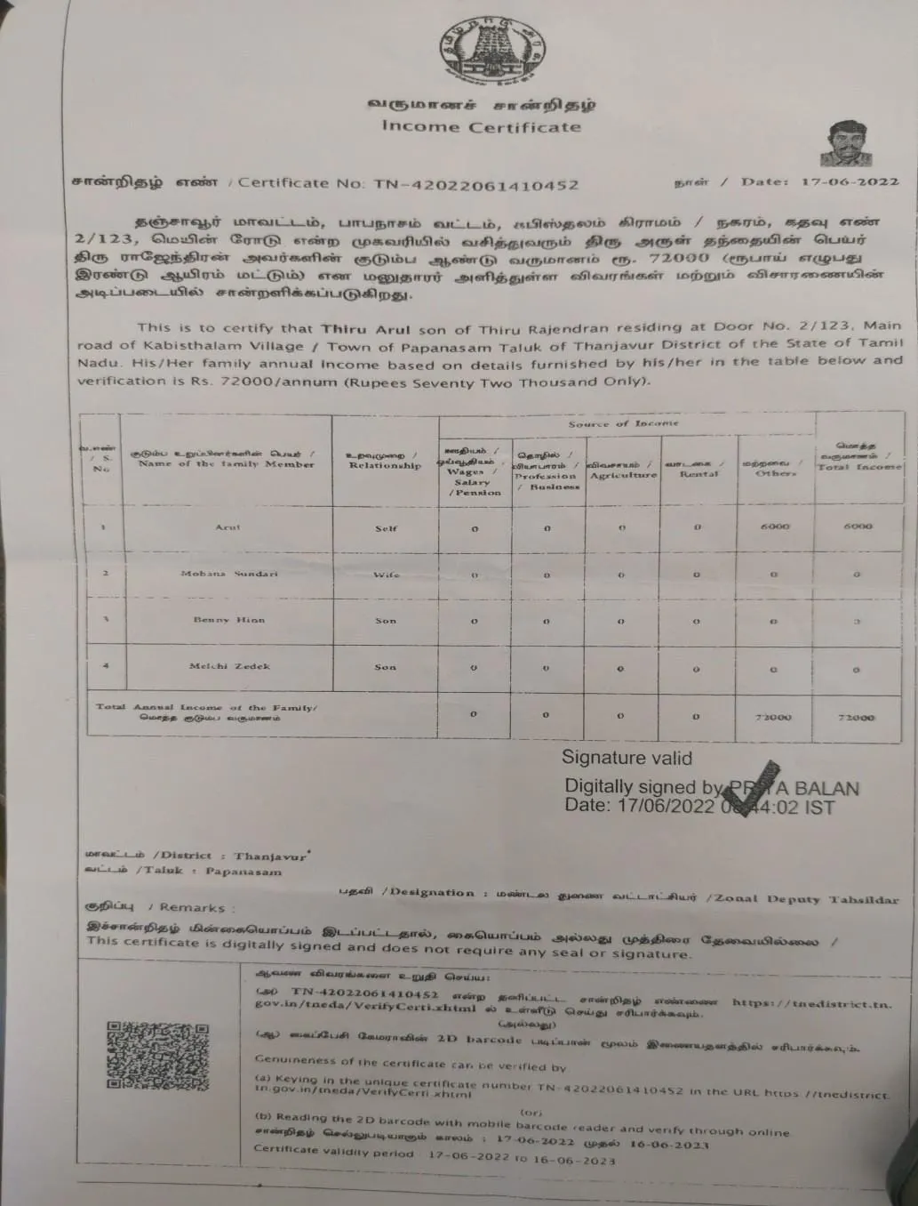 Income Certificate