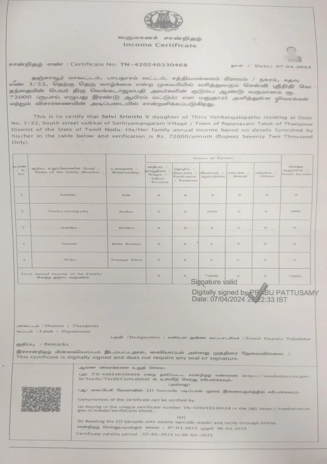 Income Certificate