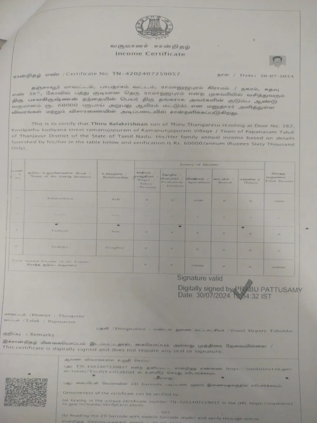 Income Certificate